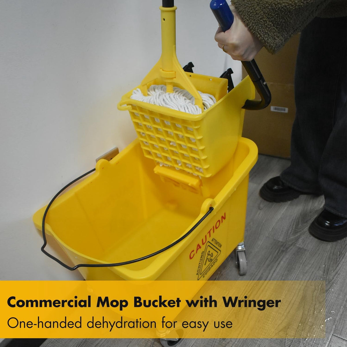 KYascend Commercial Mop Bucket System, Side Press Wringer, 38Qt Yellow, Mobile with Wheels, Complete with 2 Mop Heads