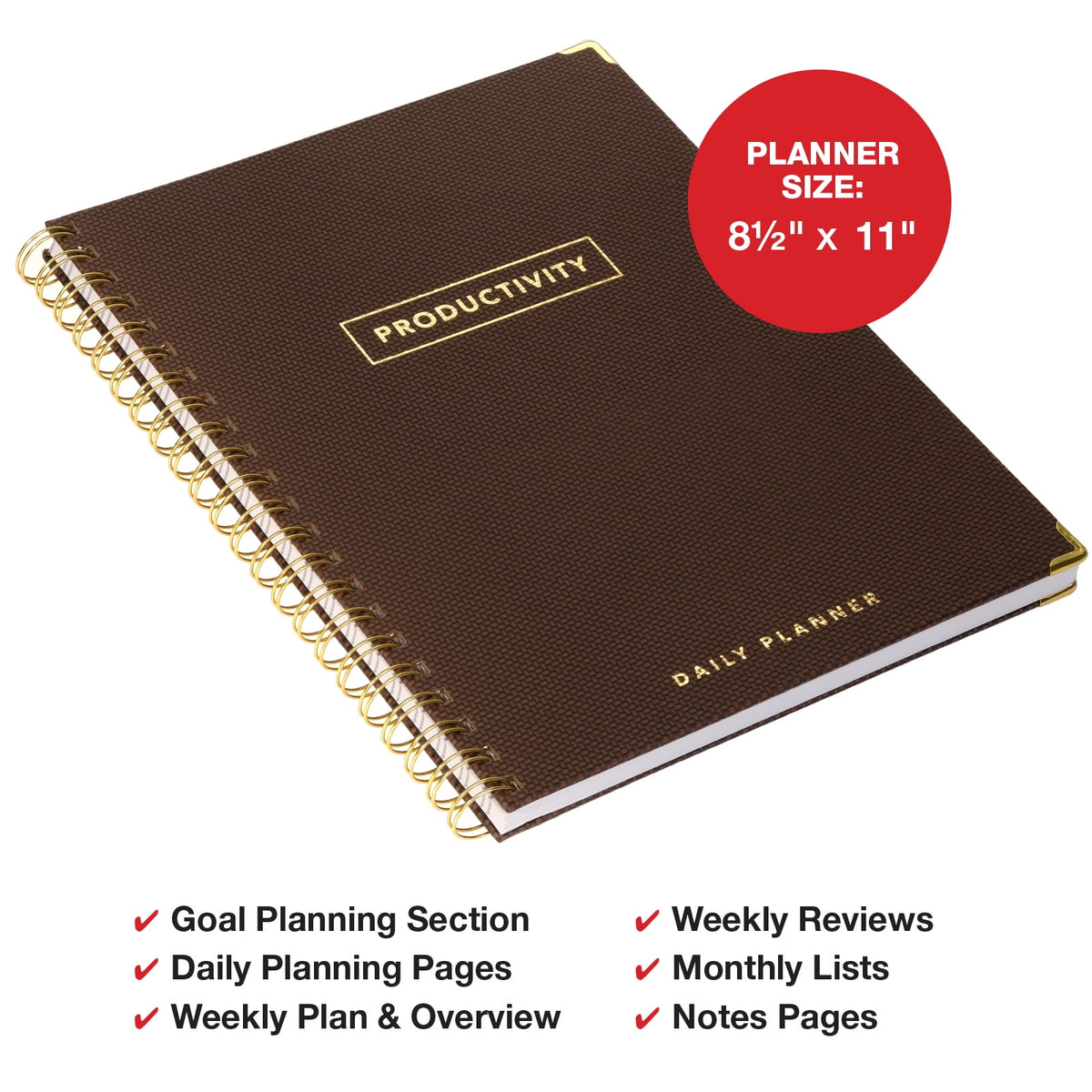 Global Printed Products Productivity Planner with Bookmark and Notepad - Spiral Notebook for Daily Planning - 8.5" x 11" (Brown) - GPP-0092-D