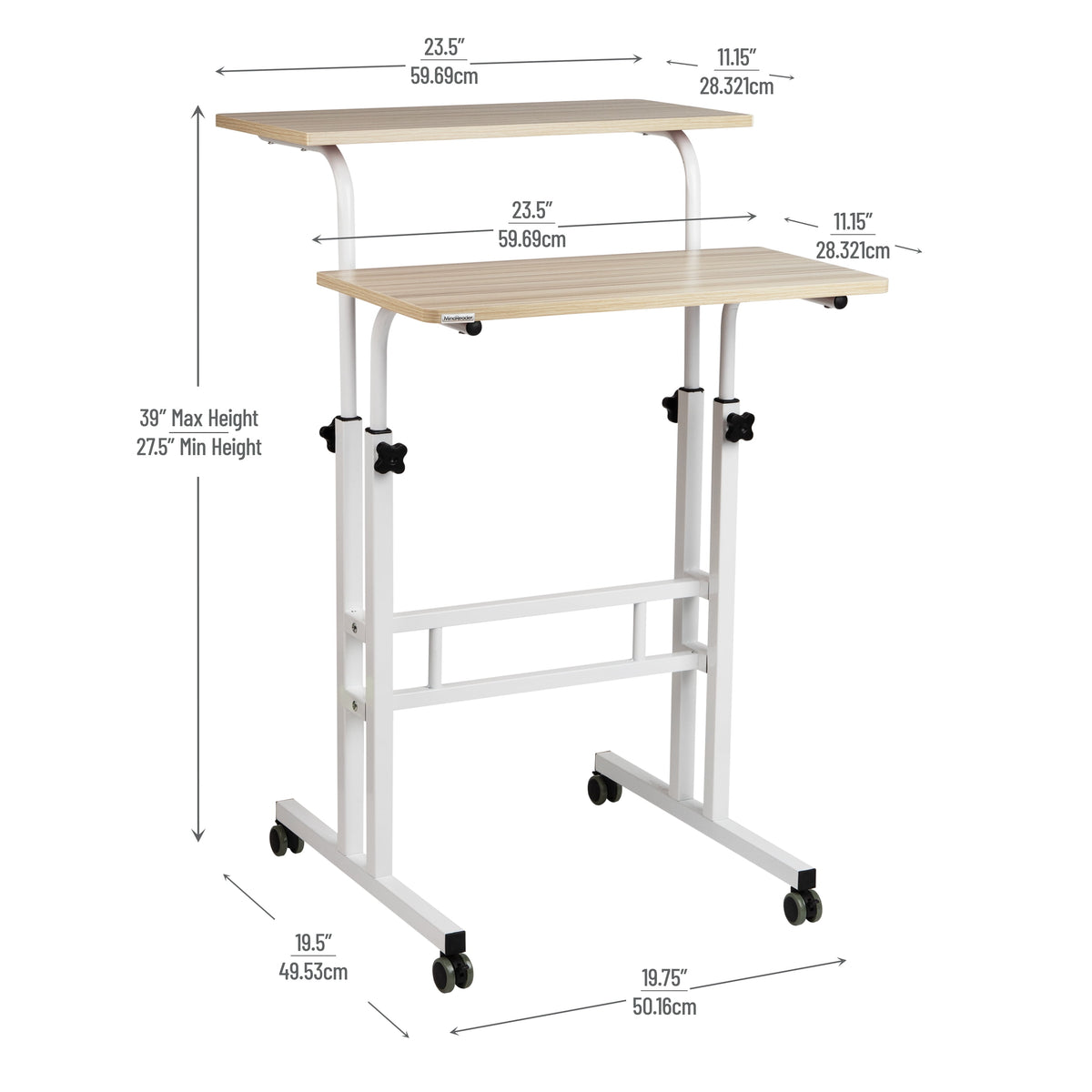 Mind Reader Standing Desk, Adjustable Height Laptop Workstation, Portable Rolling Desk on Wheels, Two-Tier Metal Frame, White
