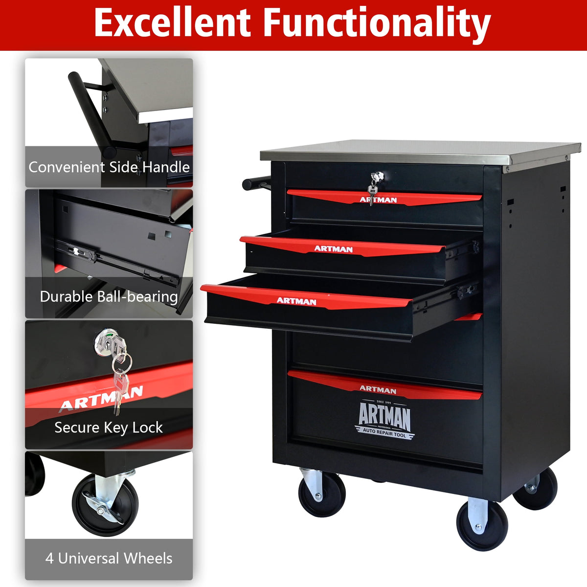 ARTMAN 5 Drawers Steel Storage Rolling Tool Chest Cabinet Cart with Wheels and Stainless Steel Roof