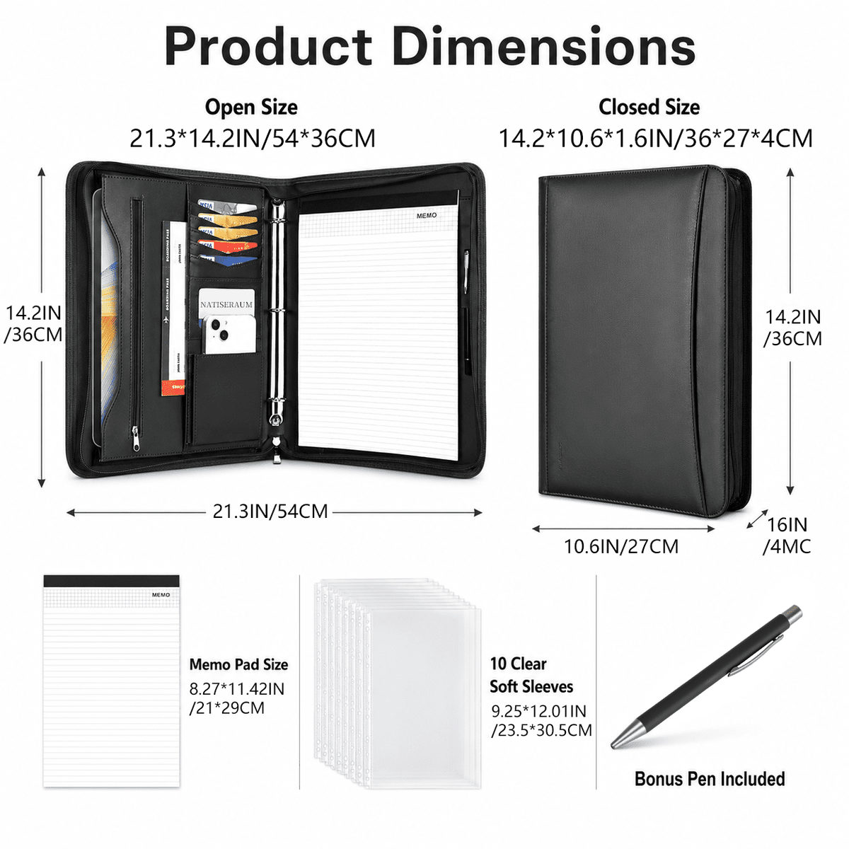 NATISERAUM Portfolio Binder, Includes 10 Sheet Protectors and 3 Notepads, 3-Ring Folder Organizer, A4 Padfolio with Zipper, Vegan Leather Tablet Sleeve,Office Supplies