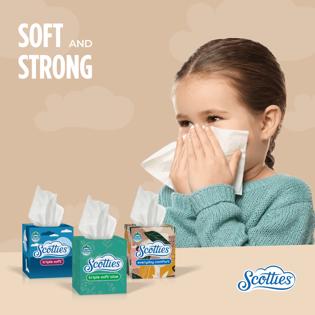 Scotties Everyday Comfort Facial Tissues, 4 Cube Boxes, 64 Facial Tissues per Box, 2-Ply (256 Total Sheets)