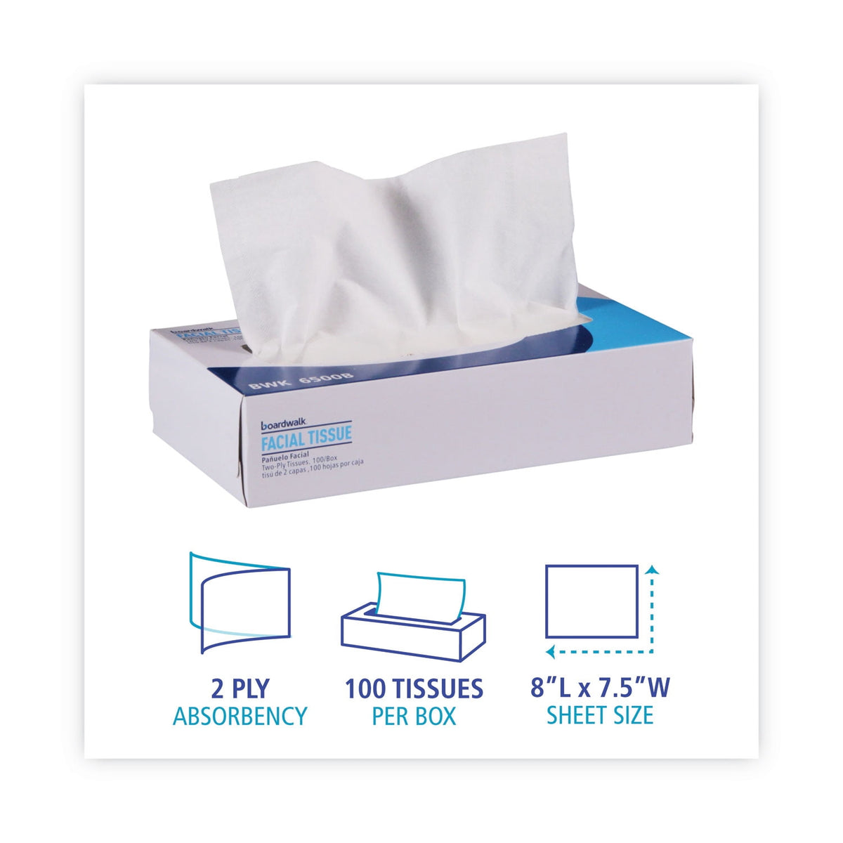 Boardwalk Office Packs Facial Tissue, 2-Ply, White, Flat Box, 100 Sheets, 30 Boxes/Carton, BWK6500B