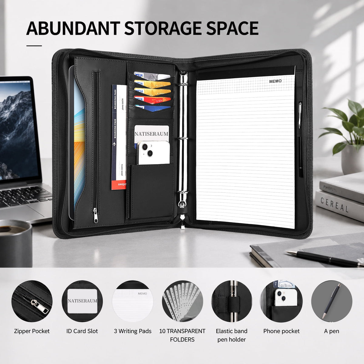 NATISERAUM Portfolio Binder, Includes 10 Sheet Protectors and 3 Notepads, 3-Ring Folder Organizer, A4 Padfolio with Zipper, Vegan Leather Tablet Sleeve,Office Supplies