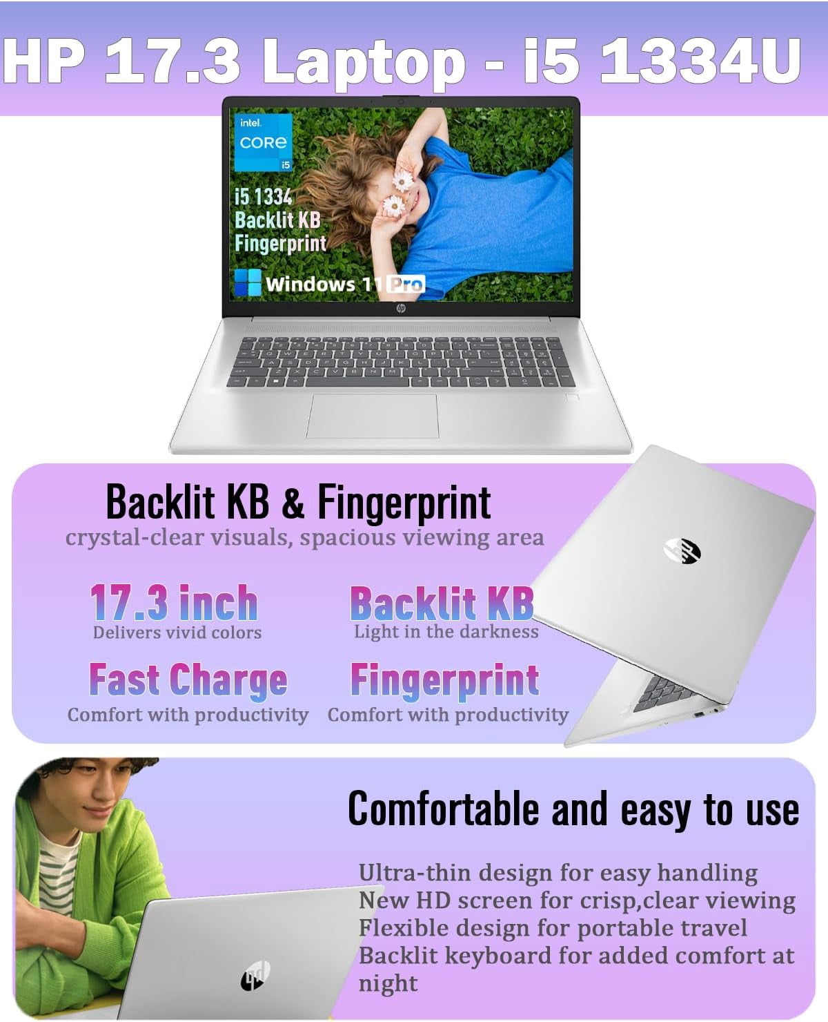 HP 17.3" FHD Business Laptop, Intel 10-Core i5-1334U, Backlit Keyboard, Wi-Fi 6, 32GB RAM 512B SSD, with Reclox AI Voice Recorder