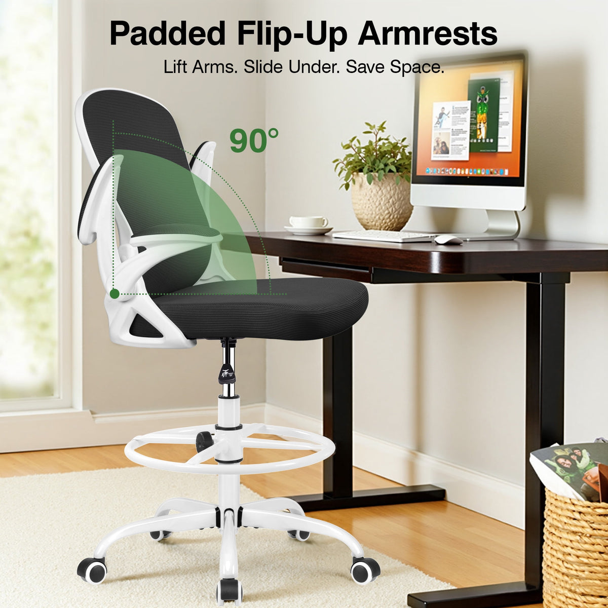 ATHOPE Ergonomic Office Chair, Mesh Desk Chair with Lumbar Support, Tall Office Chair with Flip-Up Armrests and Footrest Ring, Adjustable Computer Chair for Standing Desk Home Office, White