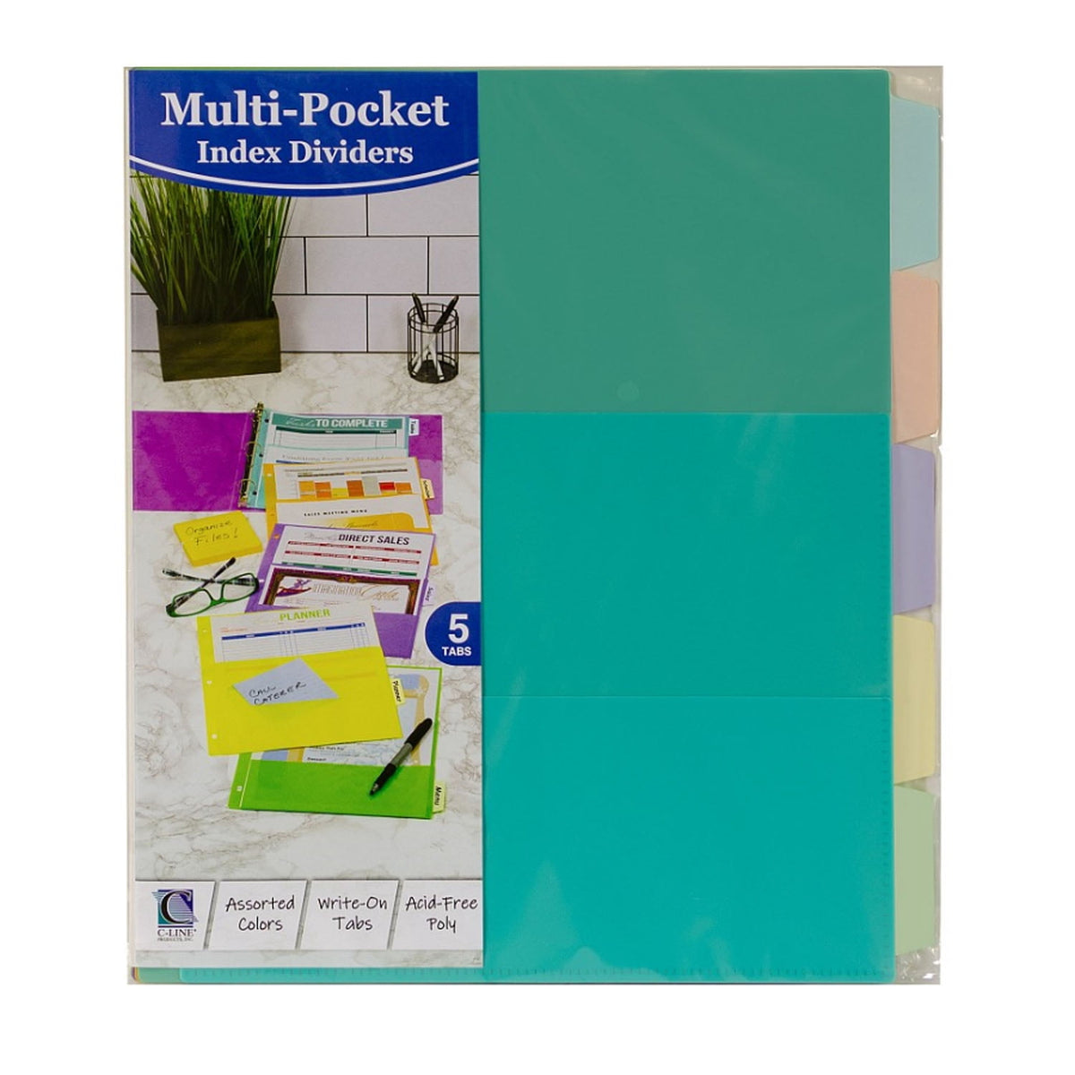 C-Line 5-Tab Index Dividers with Multi-Pockets, Bright Color Assortment, 8-1/2 x 11