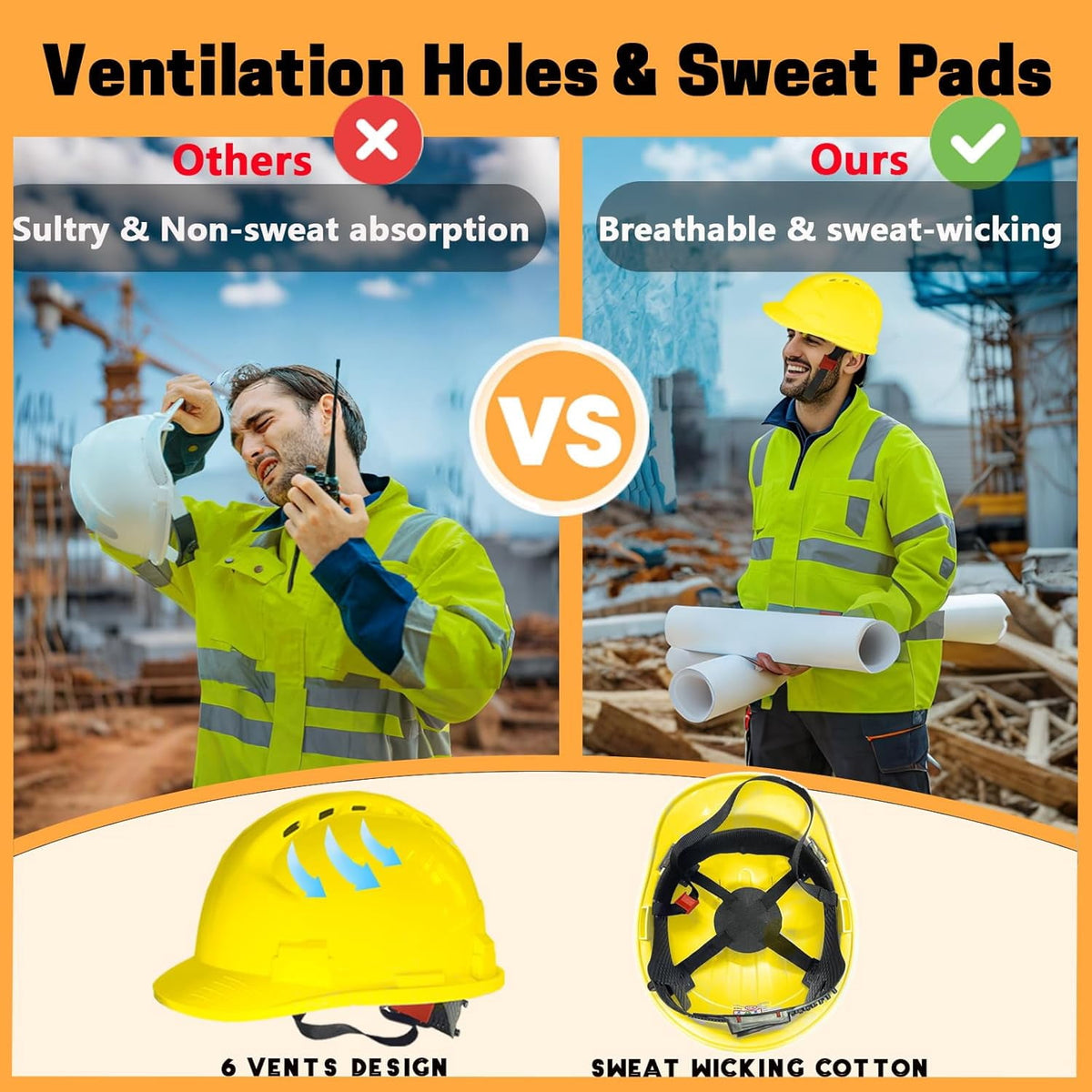 4 Pt. Suspension Hard Hat with Safety Vests Bulk Safety Helmets Adjustable Ratchet Hard Hats, Vents & Sweat Cotton Brow Pad - ABS Construction Helmets for Work Sites & Outdoor Labor