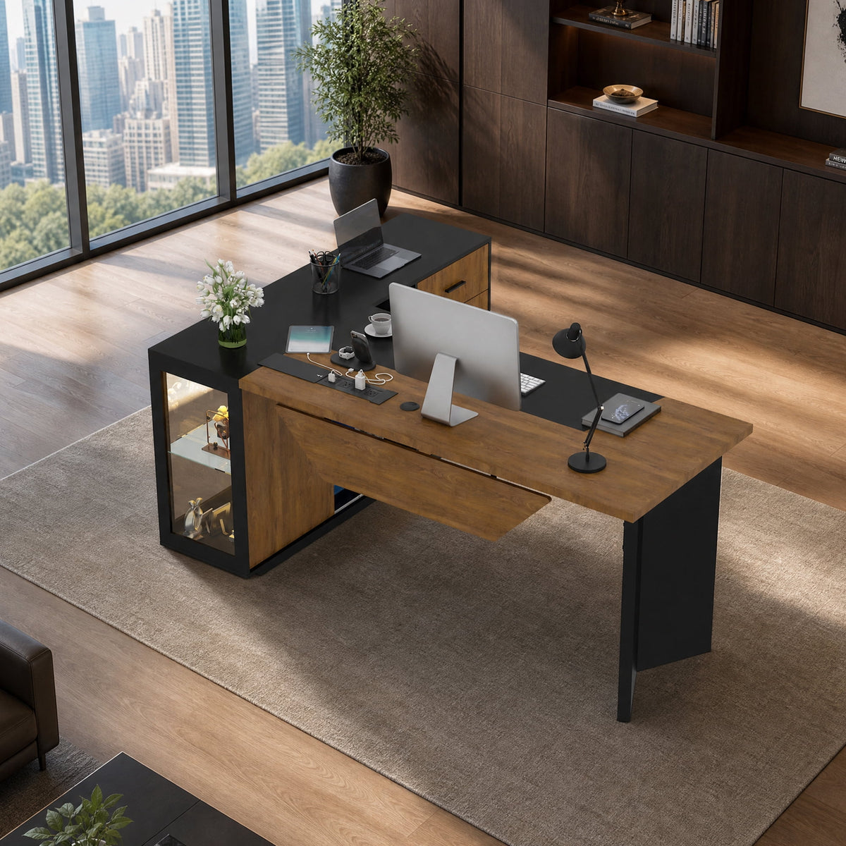 Advwin Modern 74.4" L-Shaped Executive Desk with Display Cabinet & Power Outlet, Large Luxury Office Desk Corner Workstation with File Drawer & LED Light, Black+Brown