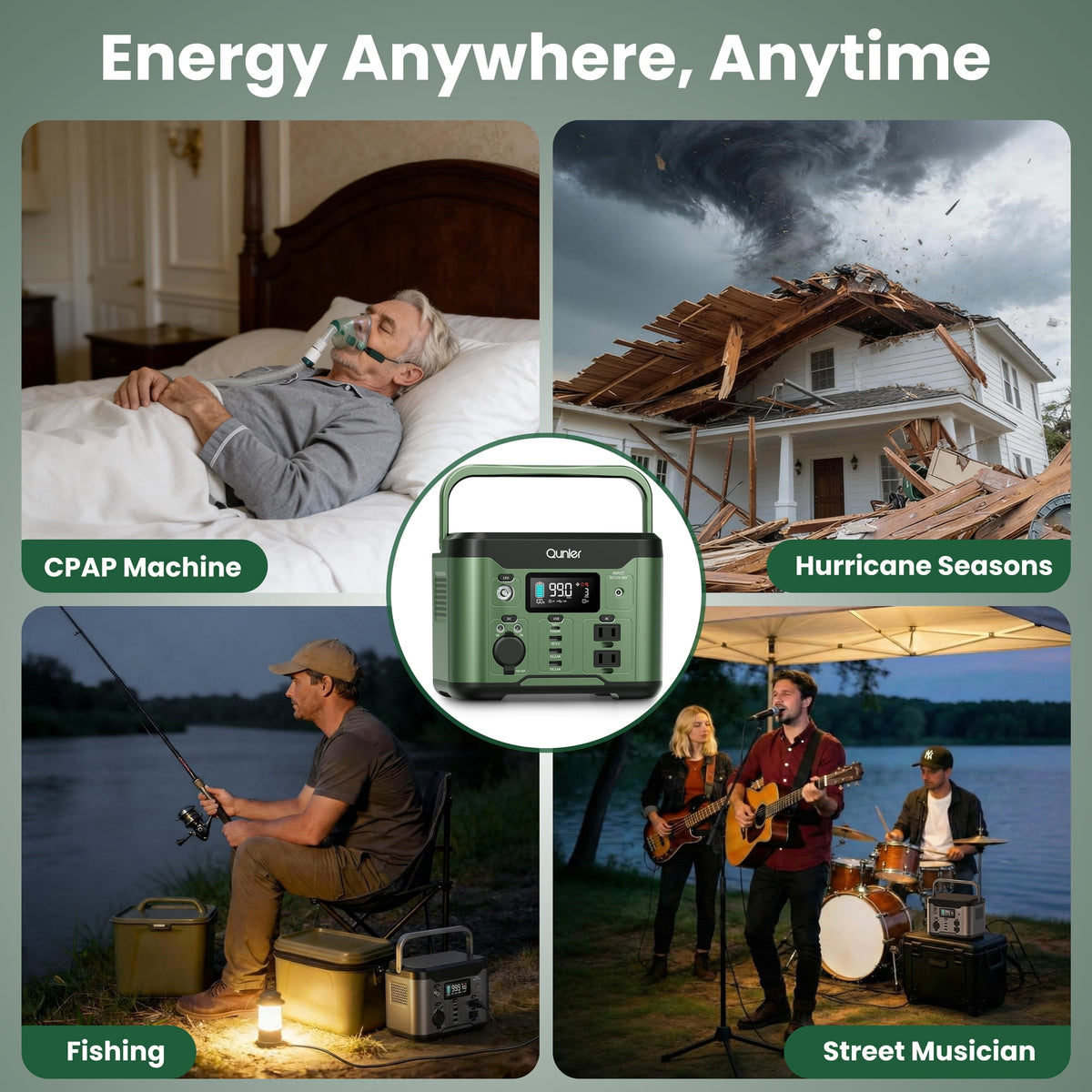 Qunler 300W 296Wh Portable Power Station, Pure Sine Wave 120V AC Outlet, 60W USB-C PD Backup Power Supply for Camping & Emergency，Green