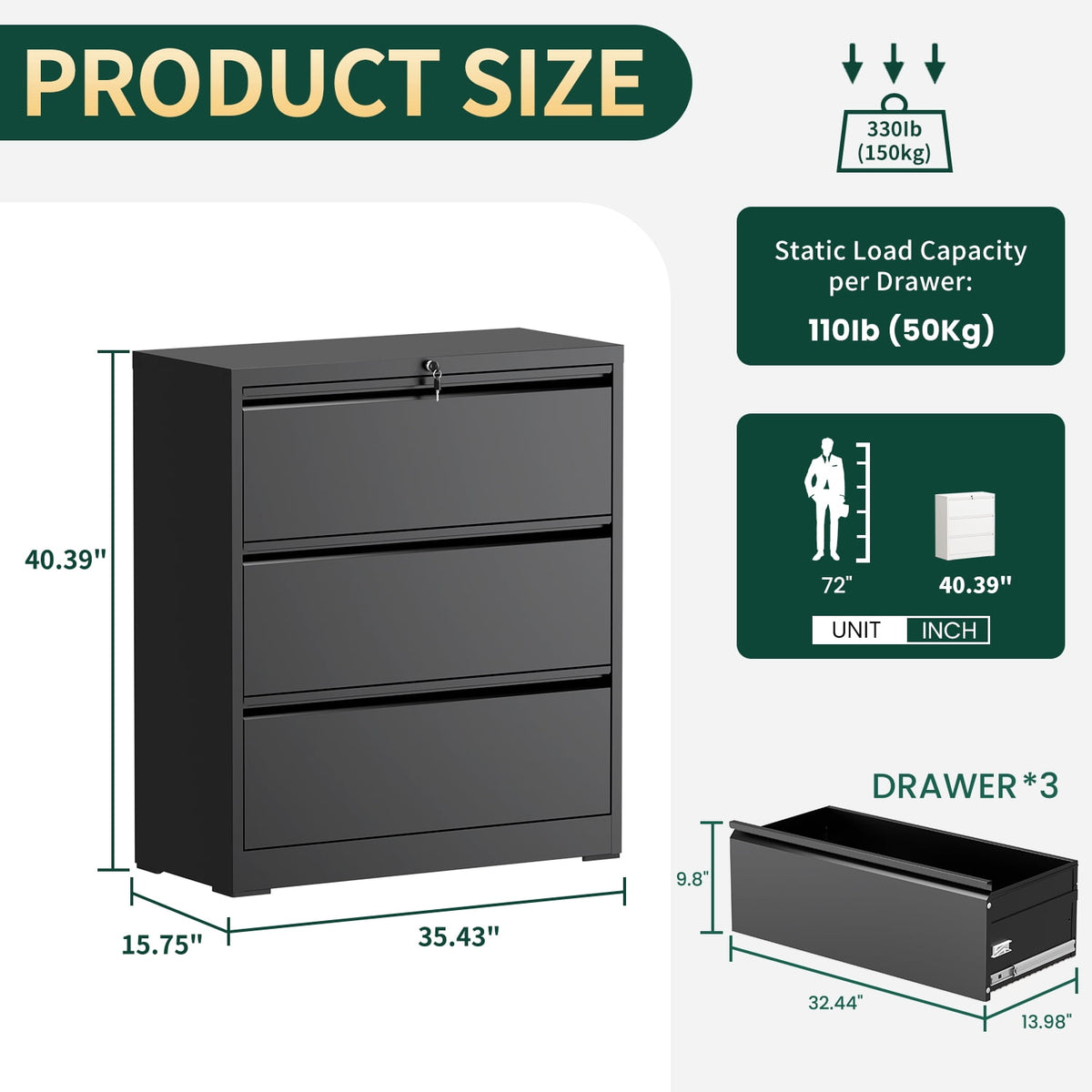 IKIMI 3-Drawer Lateral File Cabinet with Lock, 35.4" Wide Metal Filing Cabinet for Letter/Legal/A4 Files, Black