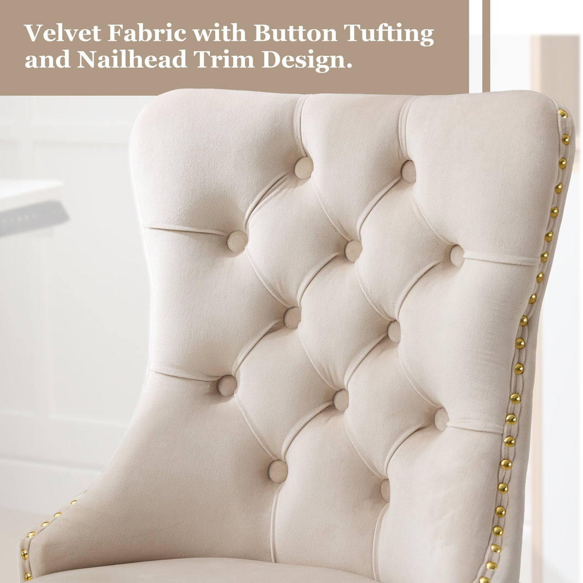 PAPROOS Vanity Chair, Swivel Home Office Chair, Ergonomic Home Desk Chair with Golden Metal Base, Adjustable Height, Velvet Upholstered Tufted Button Task Chair, Beige