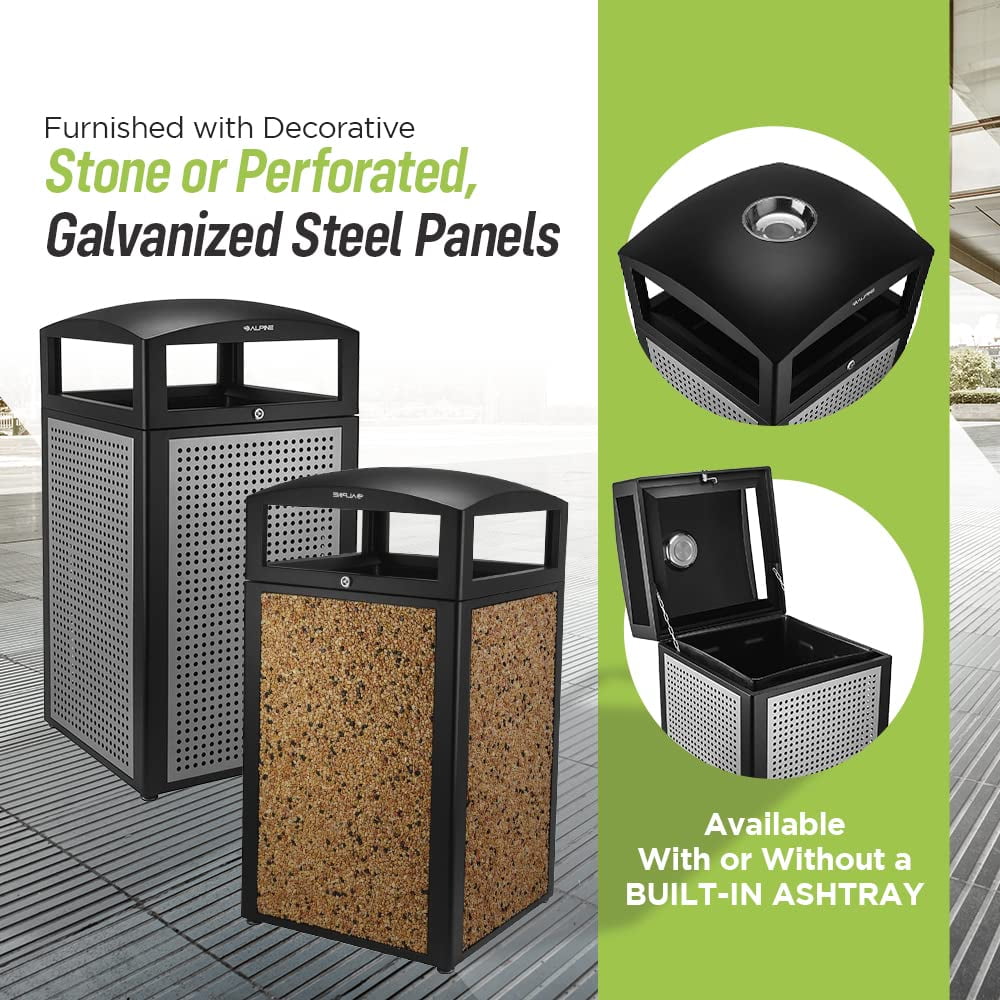 Alpine Indoor & Outdoor Commercial Trash Can with Lid - 40 Gallon Heavy Duty Metal Garbage Can with Removable Bin, Locking Lid, Perfect for Patio, Deck, Office, Mall Black, Brown Stone Panels
