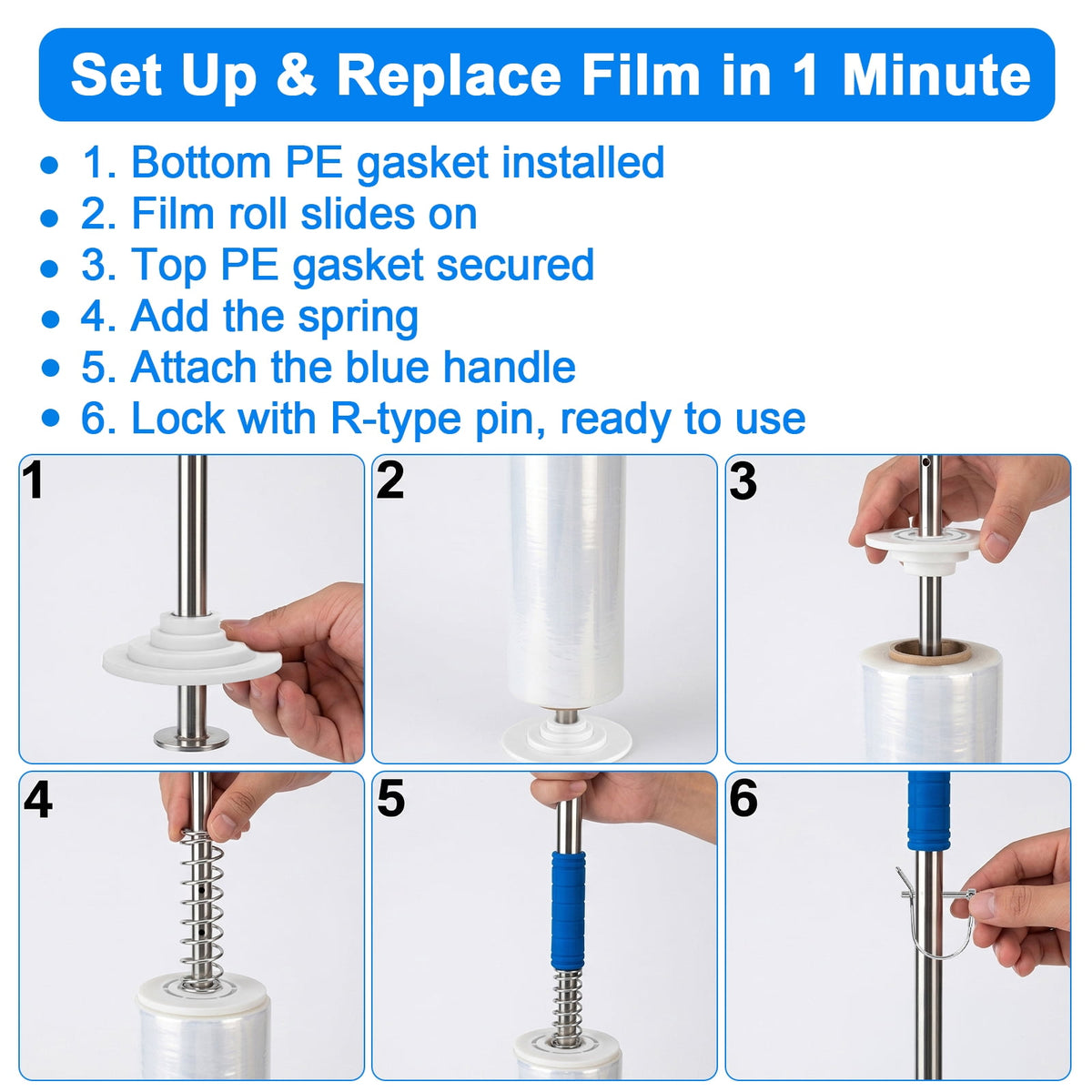 Gamexcel Stretch Wrap Dispenser with 50 in Long Handle, Pallet Wrap Film Holder for 6-20 in Rolls and 2-3 in Cores, No-Bend Stretch Film Pole, Blue