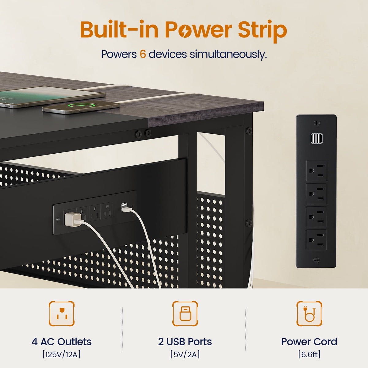 71" Executive Desk with Power Outlets, Modern L Shaped Office Desk with File Drawers and Pegboard, Large Computer Desk, Gray