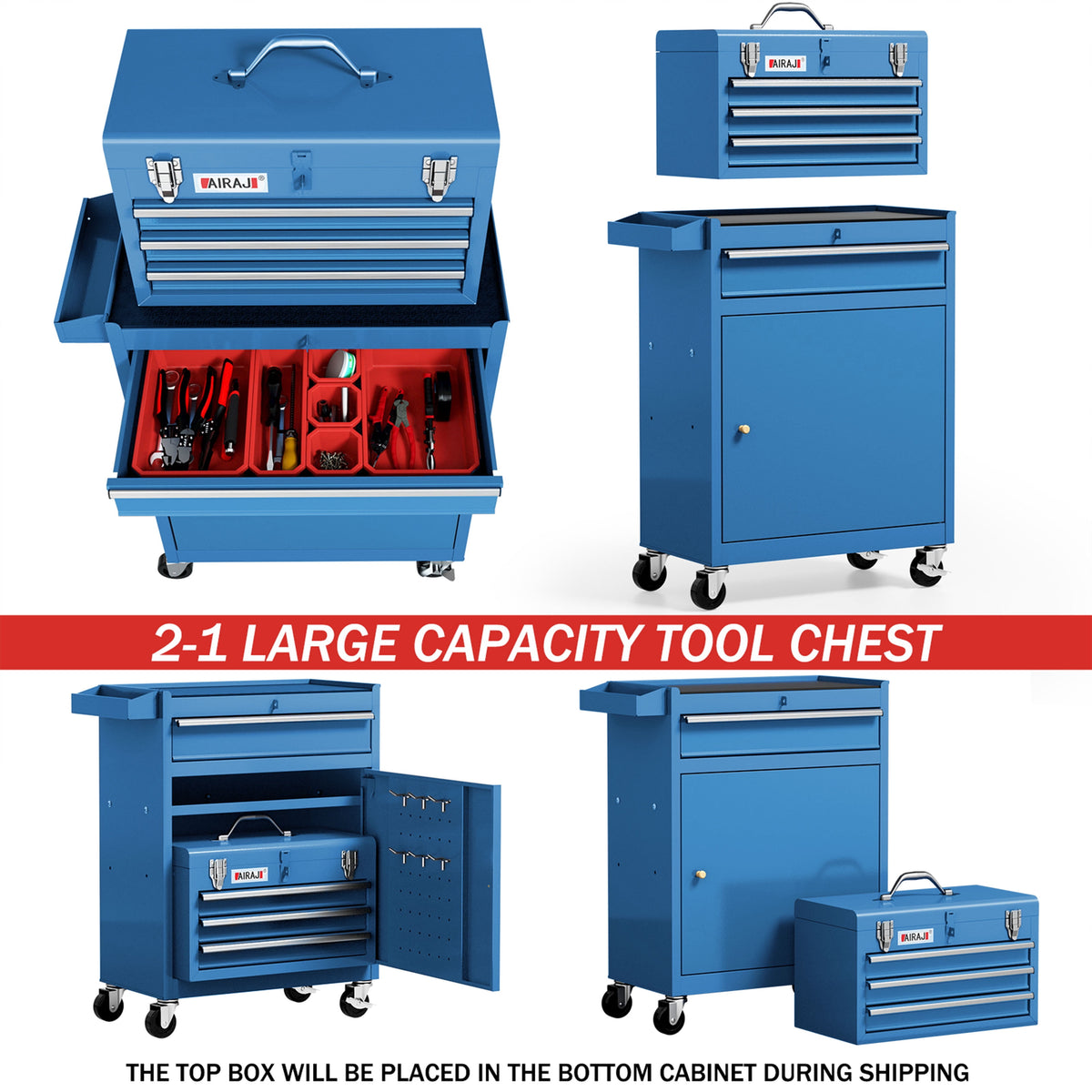 AIRAJ Blue 40" 3-Drawer Rolling Tool Chest | Single Door Metal Workshop Tool Cabinet on Wheels