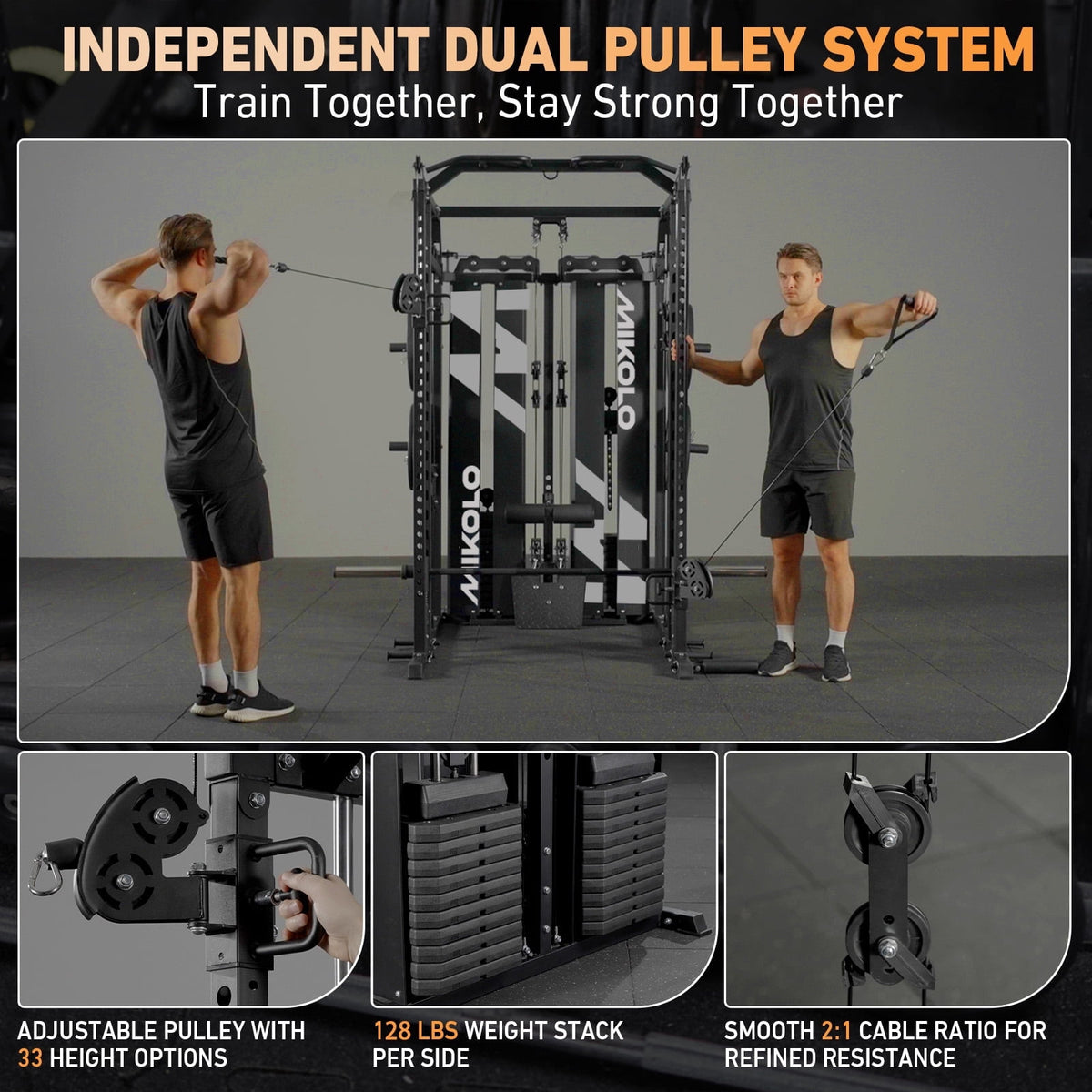 Mikolo Horus Smith Machine & Functional Trainer, 2200LBS Squat Rack with Cable Crossover, 2×2"Uprights (33 Holes), Dual 128LBS Weight Stack, Dual High/Low Cables