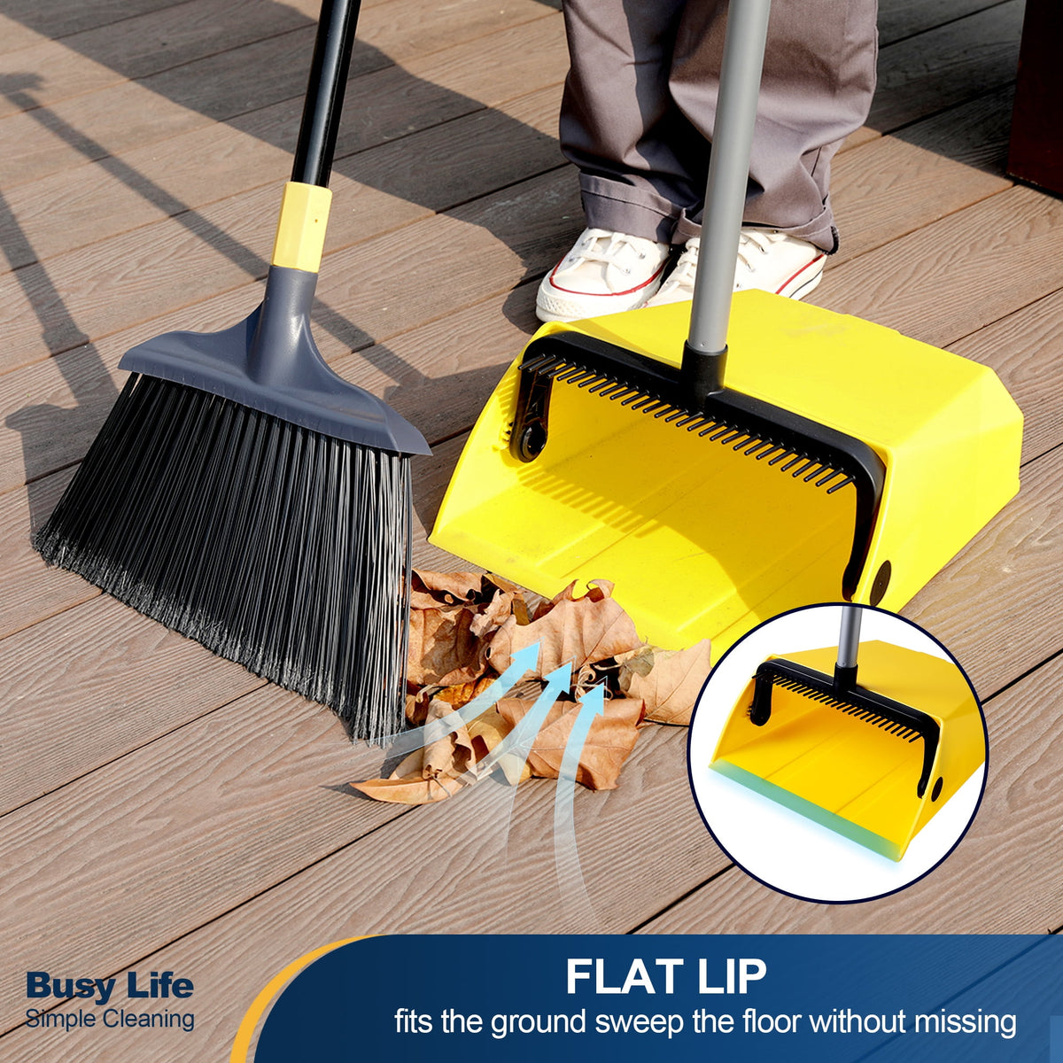 Yocada Heavy Duty Broom and Dustpan 2+1 Set 54" Iron Pole for Household Commercial Yellow&Black