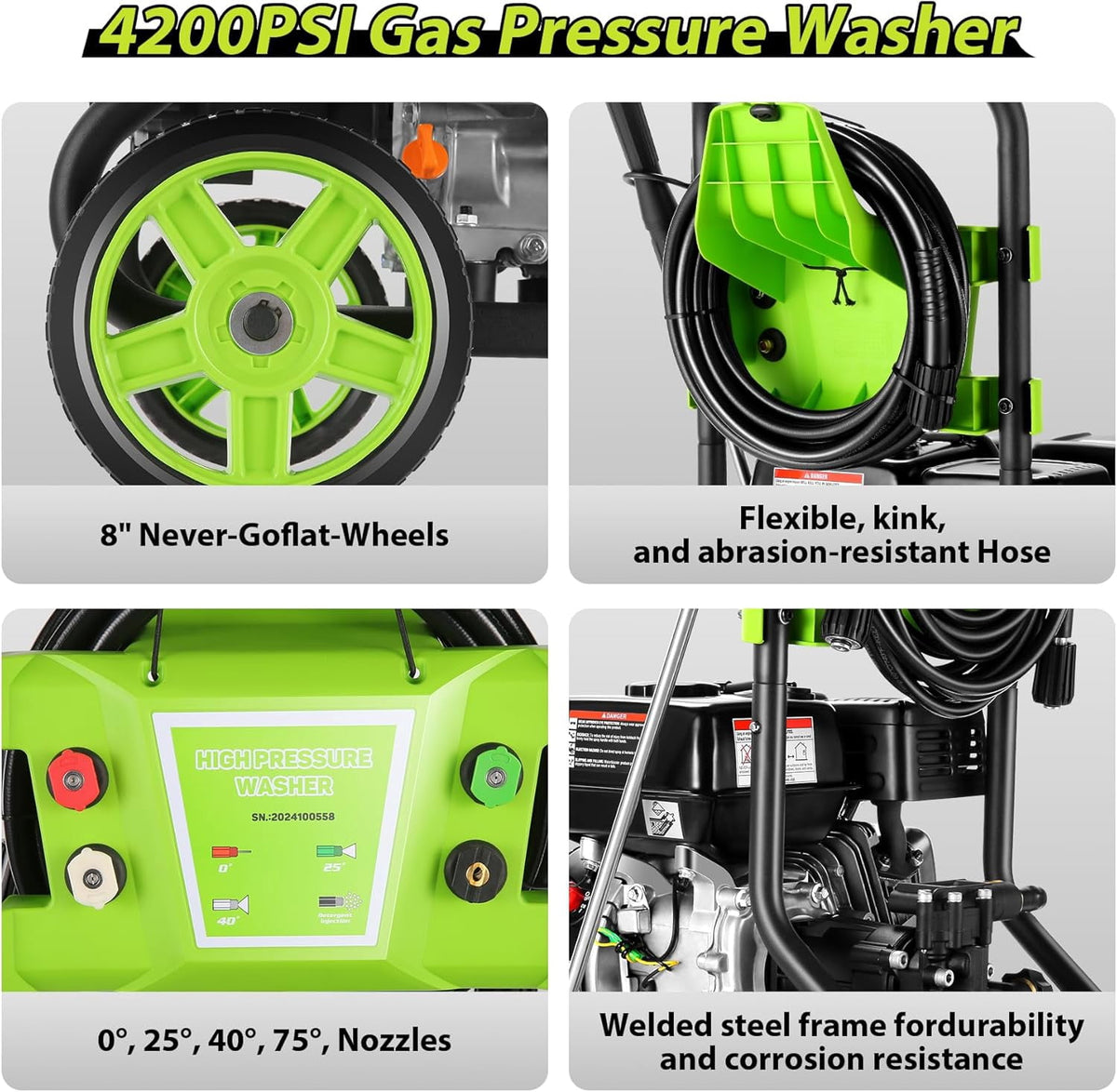 4200PSI Pressure Washer 4.0GPM Gas Power Washer 209CC Gas Powered Washing Machine Commercial High Pressure Washer with 25ft Hose&4 Nozzles for Patio Garden Yard Vehicle