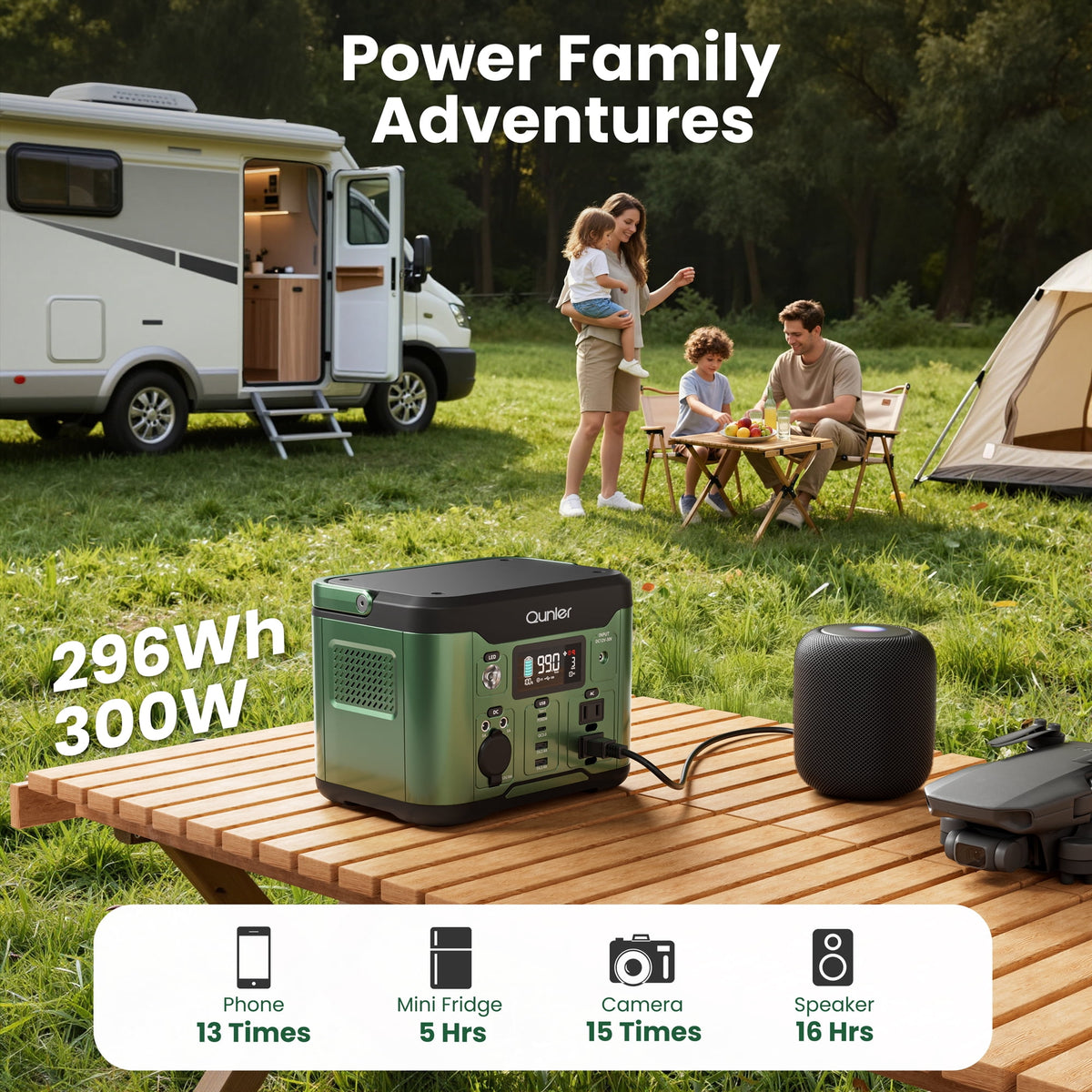 Qunler 300W 296Wh Portable Power Station, Pure Sine Wave 120V AC Outlet, 60W USB-C PD Backup Power Supply for Camping & Emergency，Green
