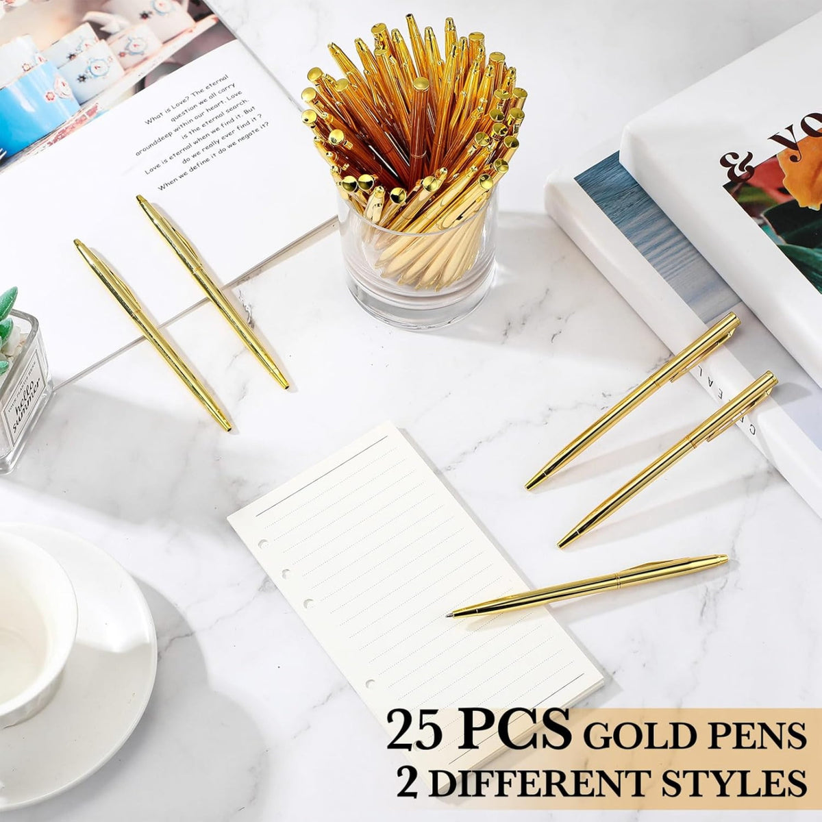 Qianfeng 25 Pack Bulk Gold Pens (2 Styles) Retractable Ballpoint Pens with Black Ink, 1.0mm Tip, Ideal for Wedding Favors and Office Business Use