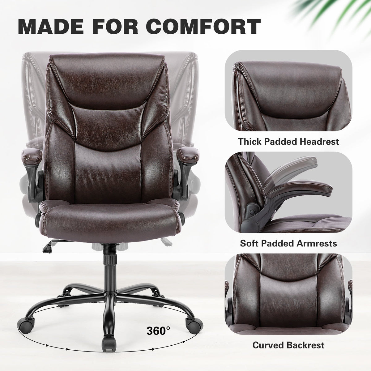 edx Computer Gaming Chair, Ergonomic High Back Heavy Duty Task Desk Office Chairs with Wheels, Flip-up Arms, Adjustable Height, PU Leather, Brown