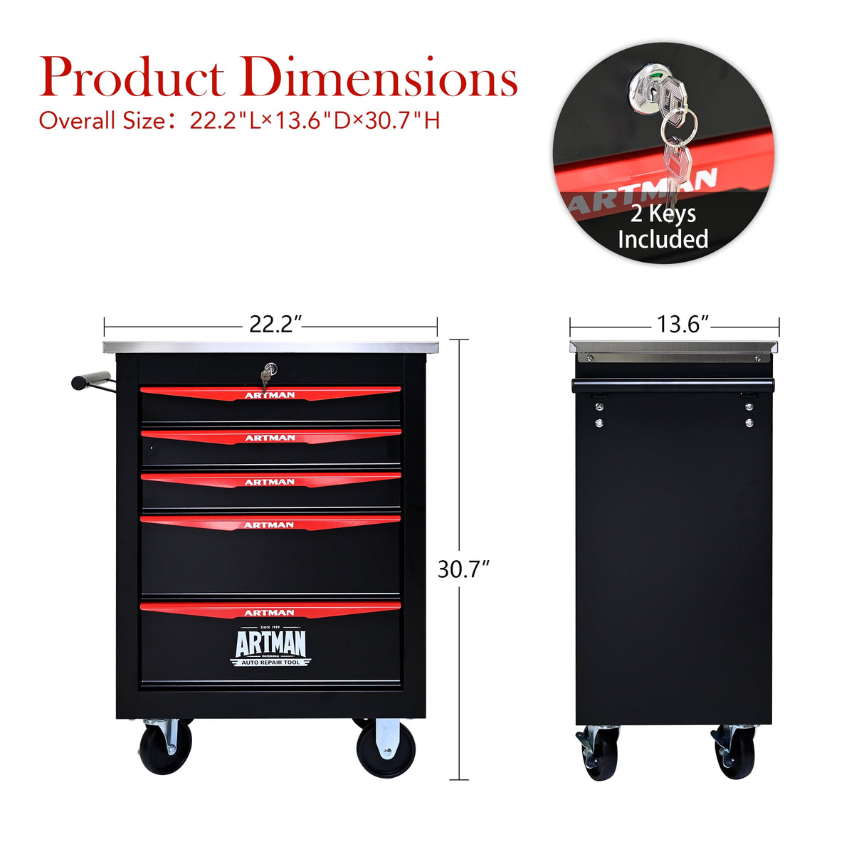 ARTMAN 5 Drawers Steel Storage Rolling Tool Chest Cabinet Cart with Wheels and Stainless Steel Roof