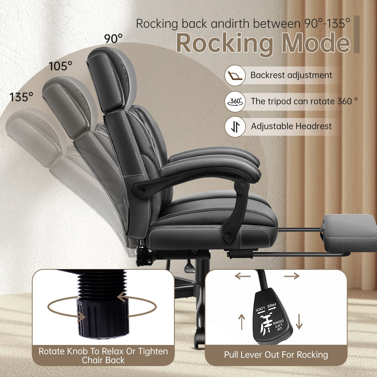 FASTES Big and Tall Ergonomic Office Chair with Footrest - Leather Computer Desk Chair, Reclining High Back Ergonomic Chair with Adjustable Headrest & Lumbar Support, Black