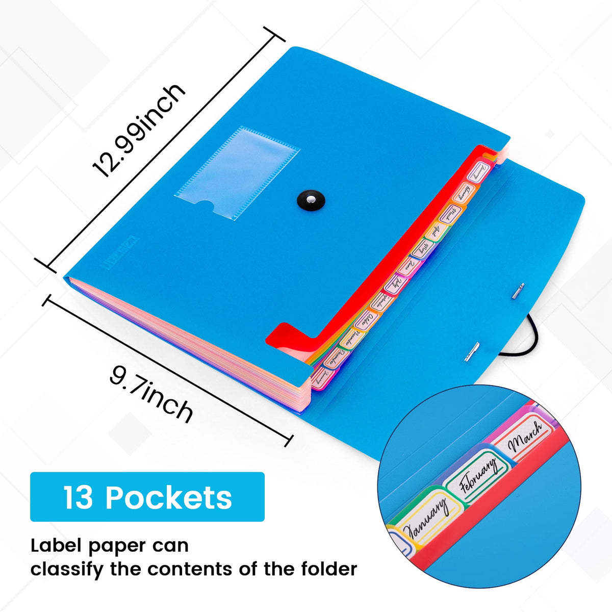 Accordion File Folder, 13-Pockets Expandable File Folder for A4 Letter Size Paper, Blue