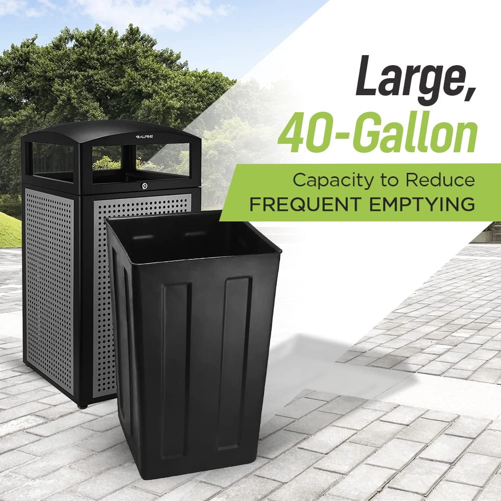 Alpine Indoor & Outdoor Commercial Trash Can with Lid - 40 Gallon Heavy Duty Metal Garbage Can with Removable Bin, Locking Lid, Perfect for Patio, Deck, Office, Mall Black, Brown Stone Panels