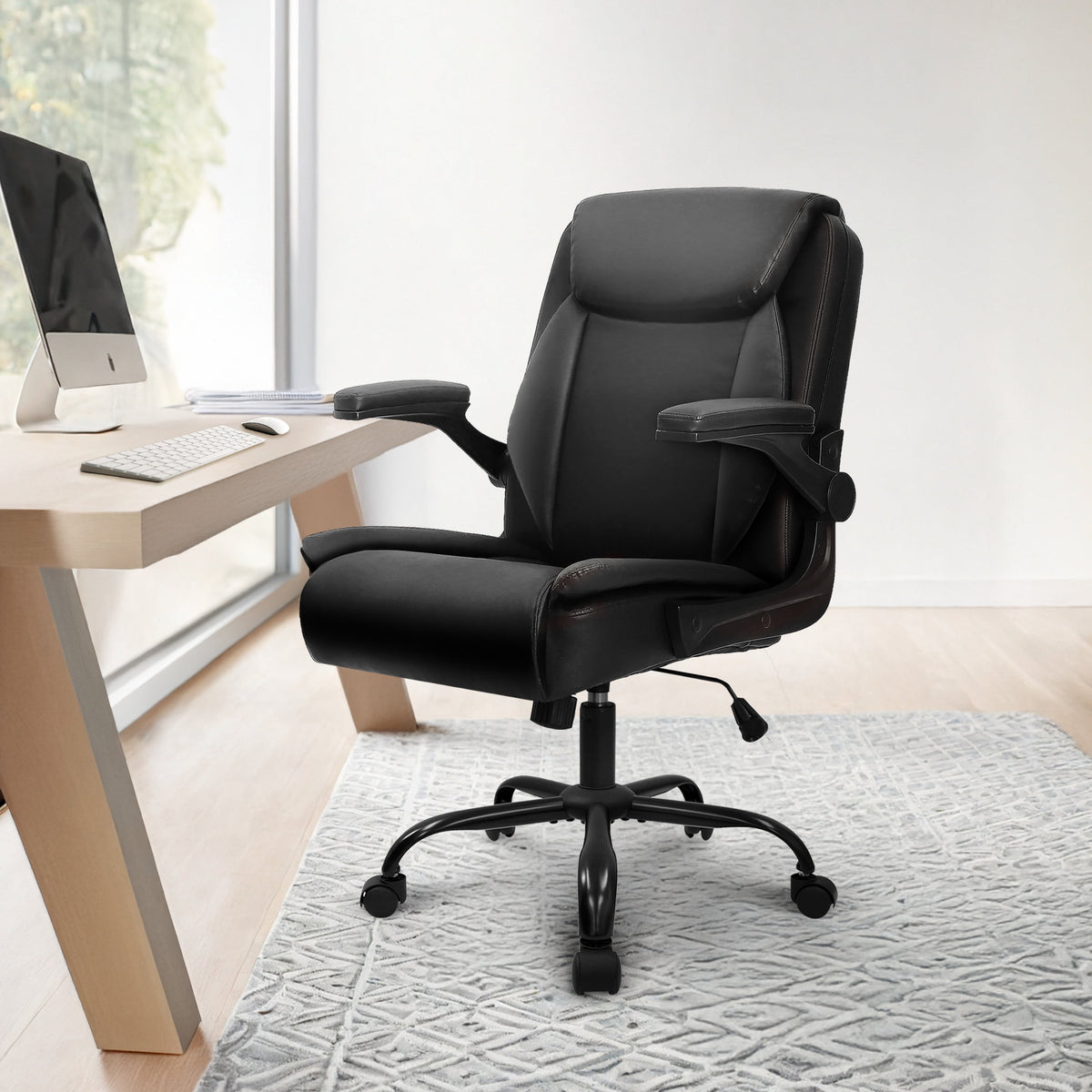 NEO CHAIR Office Desk Computer Chair Ergonomic Executive Mid-Back Leather Gaming Chair with Adjustable Flip-Up Armrests Wheels Swivel for Home Study Task (Jet Black)