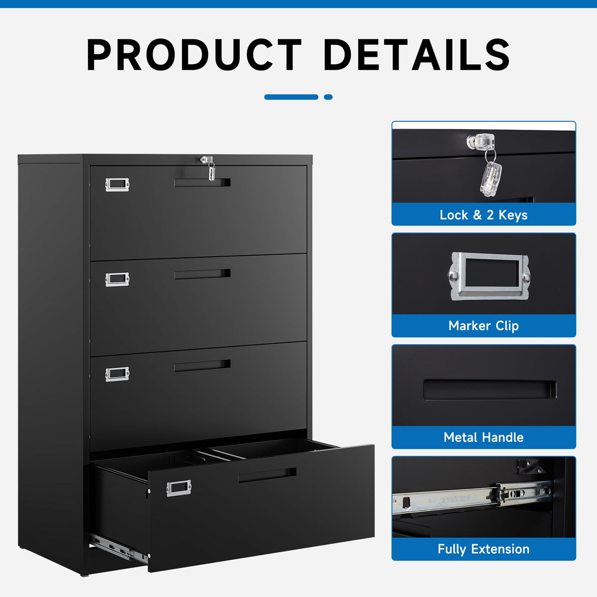 Fesbos Metal Lateral File Cabinets with Lock, 4 Drawer 28.5" Wide Filing Cabinets,Hanging Letter/Legal/F4/A4 Size, Assembly Required - Black