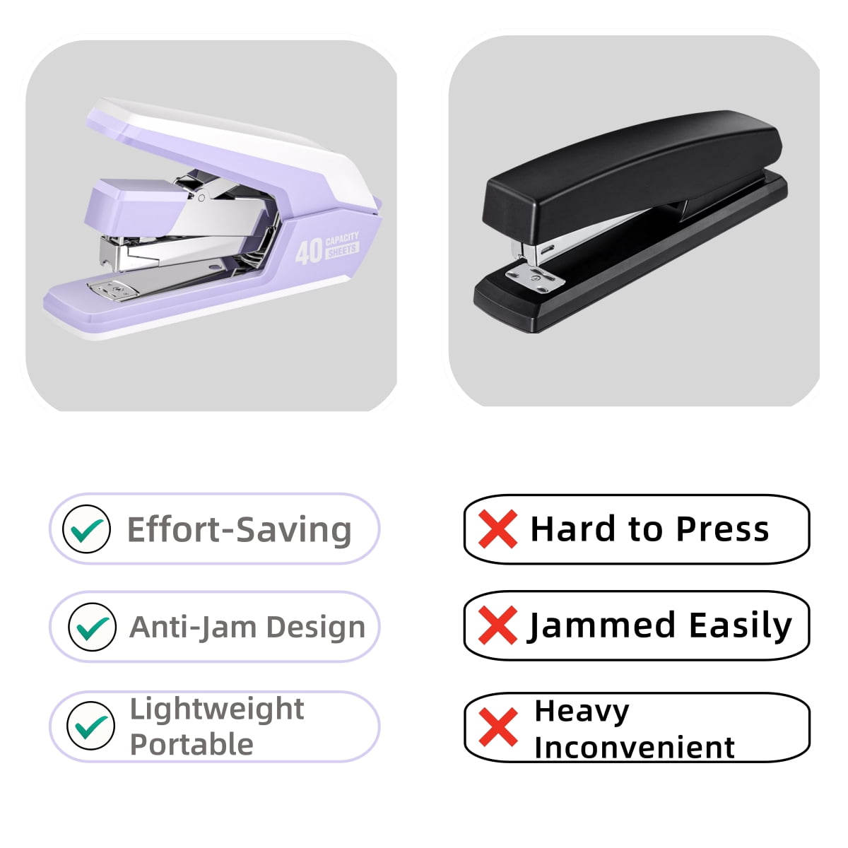 Marsrock Effortless Stapler for Desk,40-50 Sheet Capacity, 2000 Staples, 1-Touch Stapling,Heavy Duty and Magnetic Staple Remover, Purpler