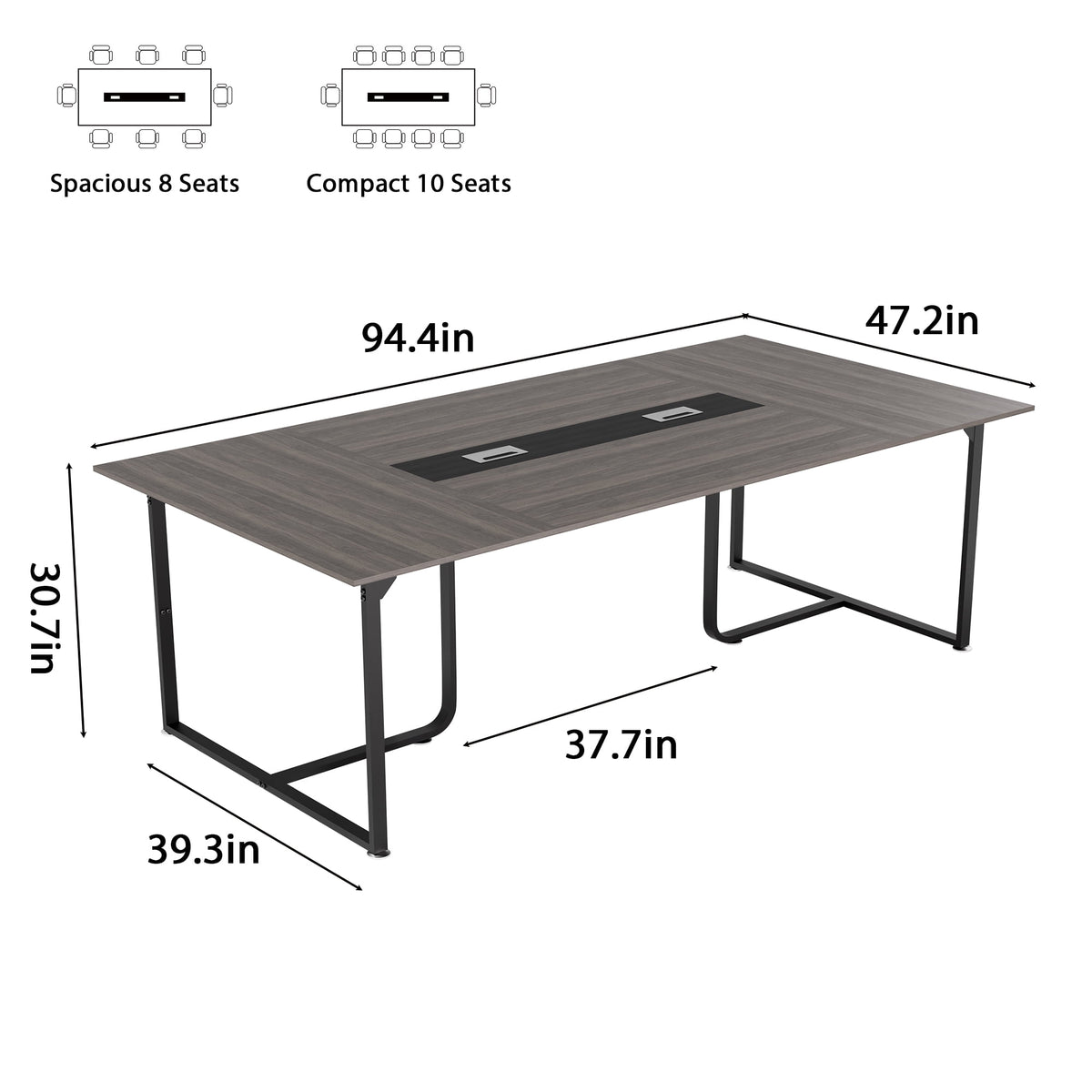 Haooyeah Conference Table 94.4" x 47.2", Large Meeting Desk, Flip-Top Cable Management Box, Double Reinforced Frame, Triangular Support Base, Adjustable Foot Pads, Gray
