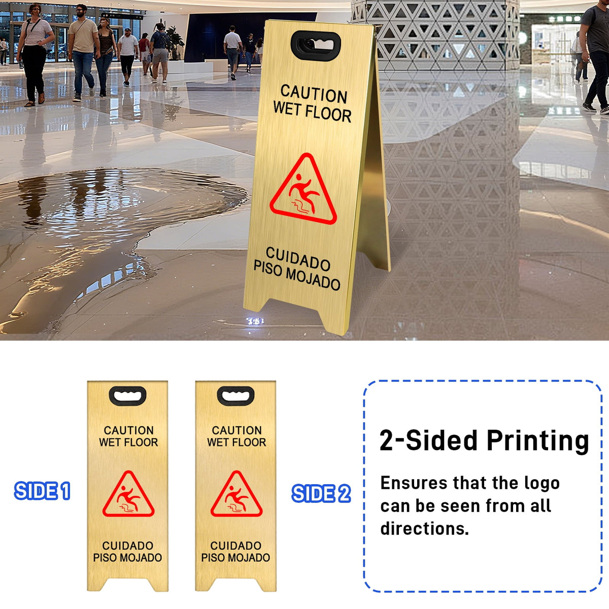 2 Pack Stainless Steel Wet Floor Sign, 24 Inch Caution Sign Portable Foldable Bilingual Safety Warning for Hotel Market Restroom Restaurant Office (Gold)