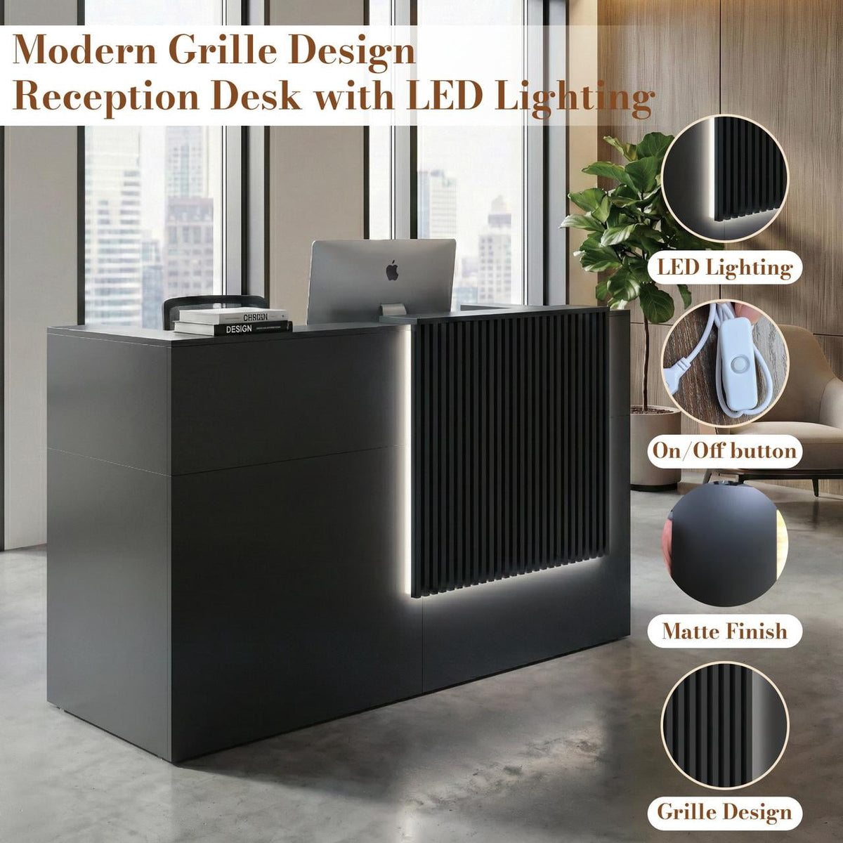 63" Modern Reception Desk with Wooden Grille Front Design, Built-in Power Outlets and Lockable Drawers for Salon, Office, Lobby or Retail Store, Black