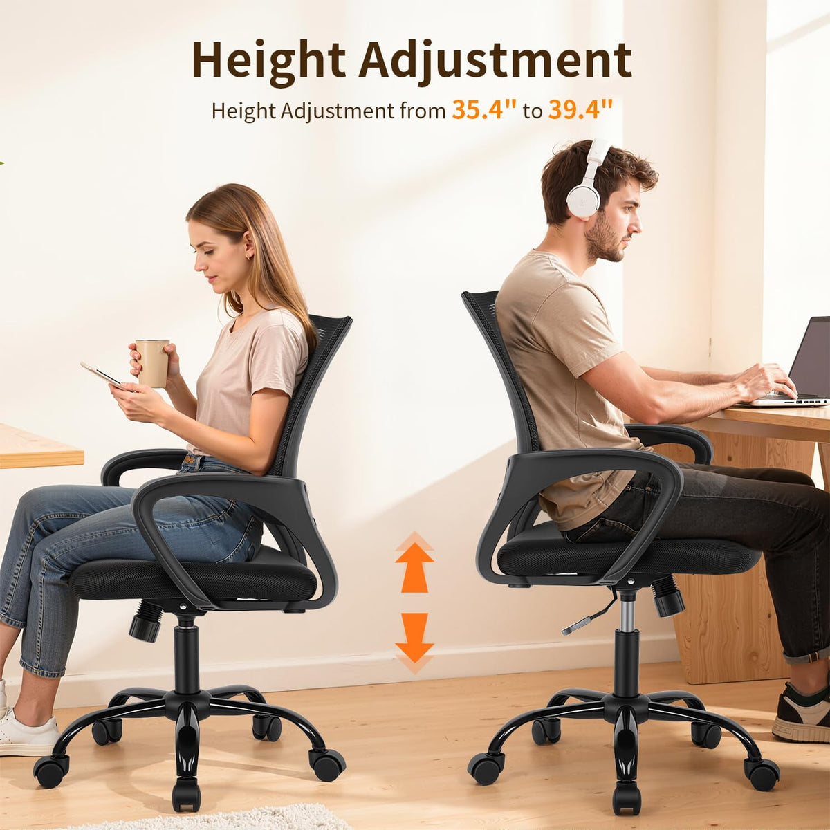 BestOffice Ergonomic Home Office Chair, Adjustable Lumbar Support and Height, with Arms, Black