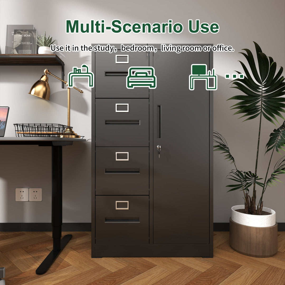 Metal Storage Vertical Filing Cabinet with Lock, Steel File Locker with 4 Drawers and 1 door for School, Living Room, Bedroom, Office