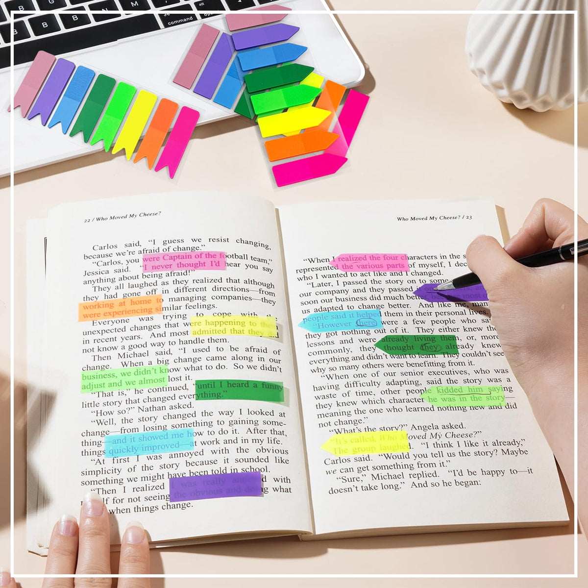 600 Pcs Page Markers Sticky Tabs, Translucent Flags Arrow Fishtail Shapes, 8 Colors per Shape, 3 Packs of 600, Self-Stick Index Tabs