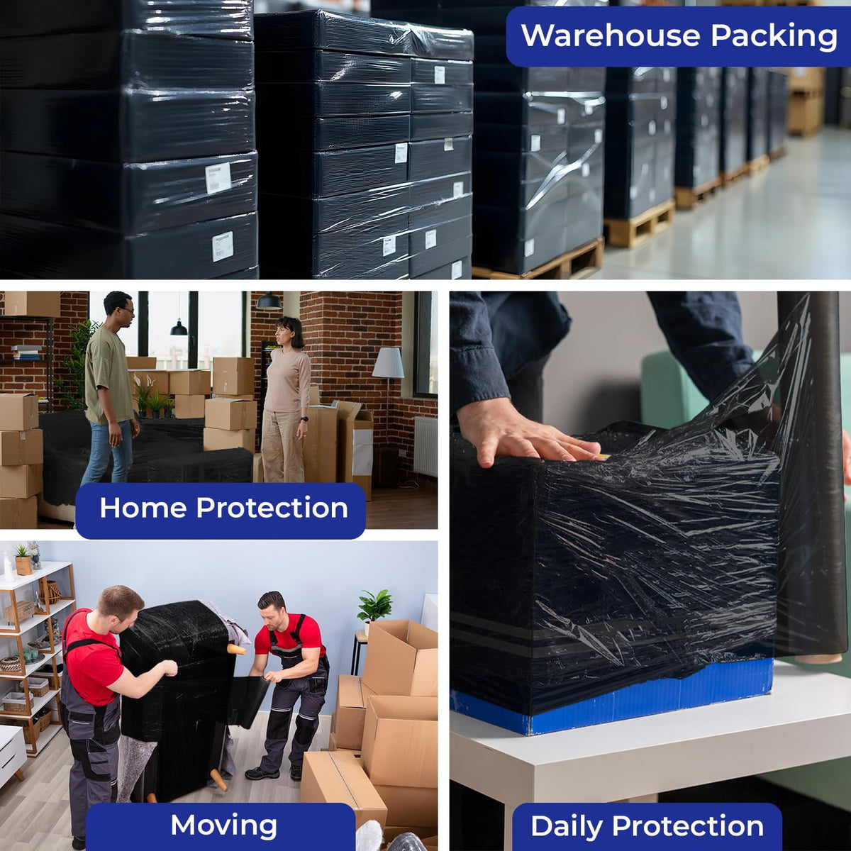 Rosmonde Black Plastic Stretch Wrap Bulk, 128 Rolls Pack, 18 in x 1500 ft, 80 Gauge Thick, 9.4 lbs/Roll, Industrial Strength Shrink Wrap for Warehouse, Moving & Secure Pallet Wrapping