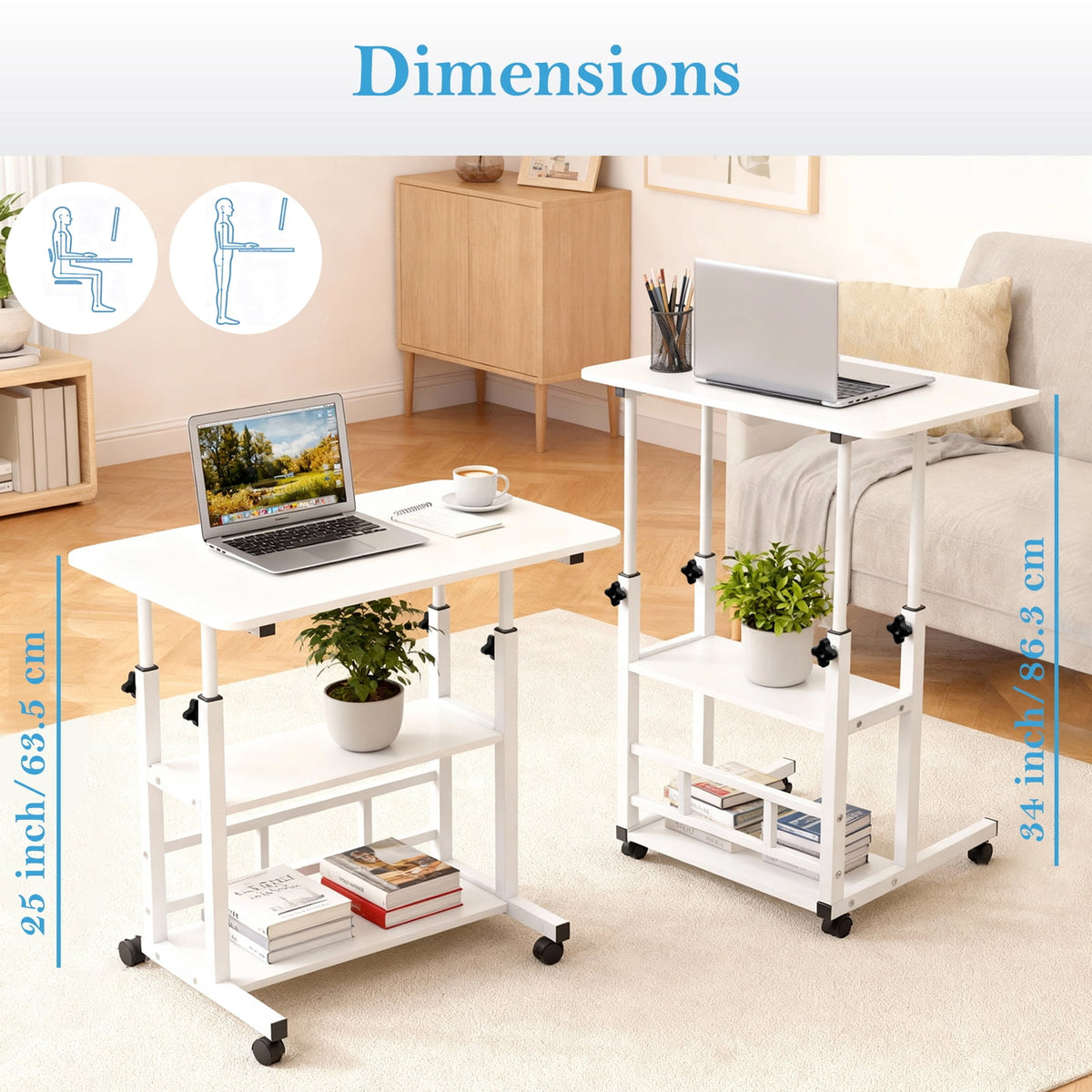 Portable Desk with Wheels Small Standing Desk on Wheels Adjustable Height Rolling Desk for Small Spaces 32 Inch Computer Desk with Storage Shelves for Home Office Study White