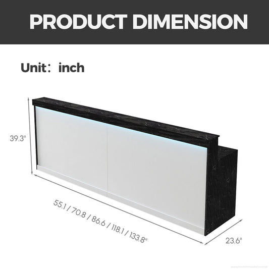 Modern Ergonomic Reception Desk With LED Lighting（Black Grain & White; 71"L x 24"W x 39"H）