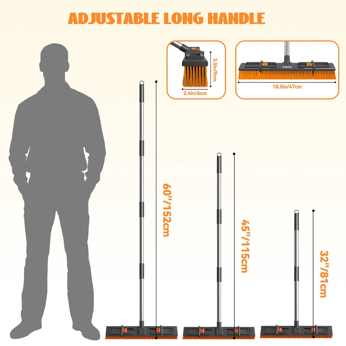 Nicecastle Push Broom Brush for Floor Cleaning with 60” Long Handle and Stiff Bristles,Adjustable brush head length, Heavy Duty Broom for Courtyard Garage,shop,outdoor broom(Orange)