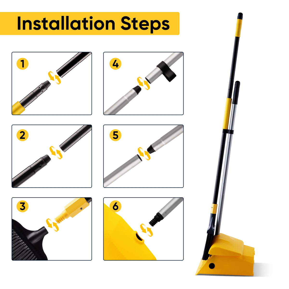 Yocada Heavy Duty Broom and Dustpan 2+1 Set 54" Iron Pole for Household Commercial Yellow&Black
