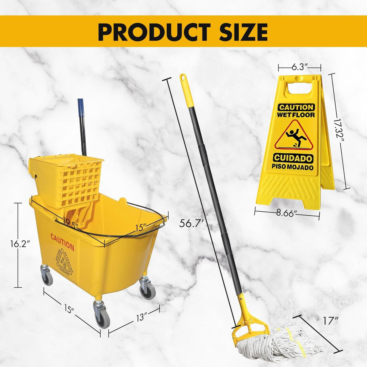 KYascend Commercial Mop Bucket System, Side Press Wringer, 38Qt Yellow, Mobile with Wheels, Complete with 2 Mop Heads