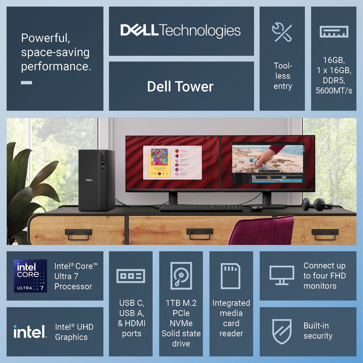Dell Tower Desktop, Intel® Core™ Ultra 7, 16 GB, DDR5, 1 TB, Black, Windows 11 Home