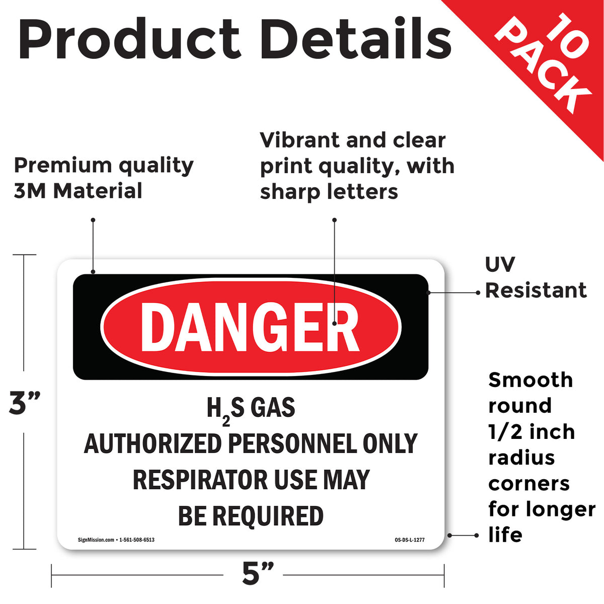 H2S Gas Authorized Personnel Only OSHA Danger Vinyl Decal Label 5 Inch x 3.5 Inch - 10 Pack