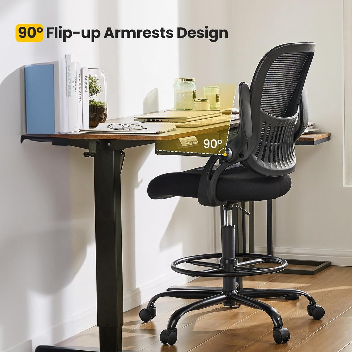 Nextay Tall Drafting Chair - Ergonomic Office Stool with Flip-Up Arms, Footrest & Lumbar Support