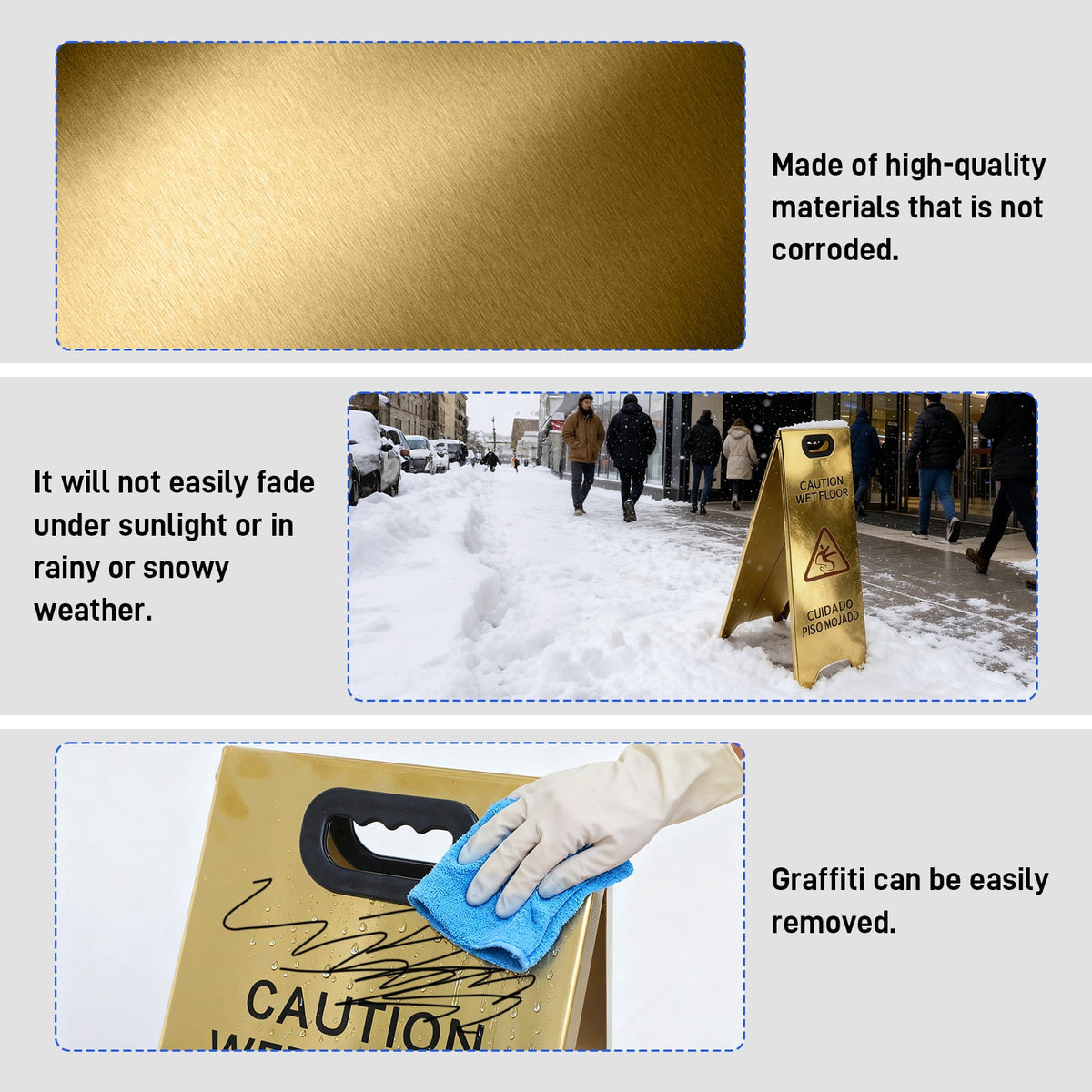 2 Pack Stainless Steel Wet Floor Sign, 24 Inch Caution Sign Portable Foldable Bilingual Safety Warning for Hotel Market Restroom Restaurant Office (Gold)