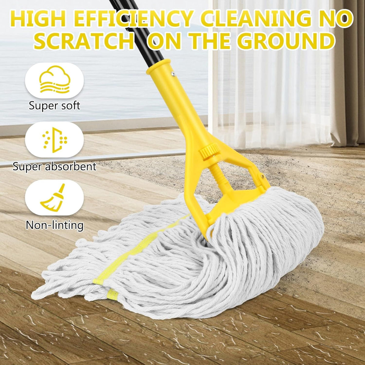 Heavy Duty Commercial Industrial Cotton Mop with Long Handle,Looped-End String Wet Mops with Replacement Mop Head for Home,Garage,Office, Workshop, Warehouse Floor Cleaning